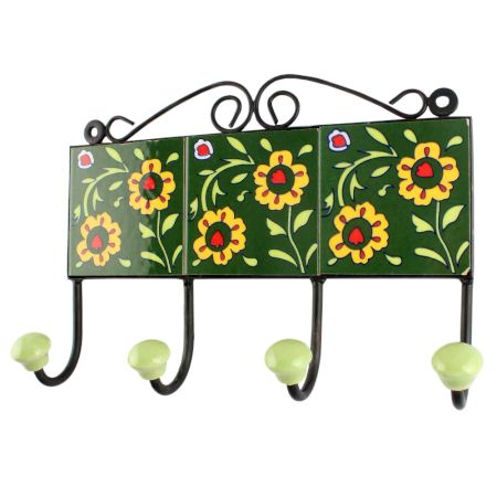 Forest Green Floral Ceramic Tile Hook